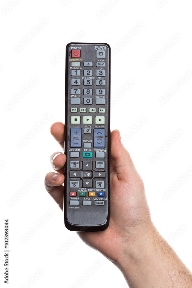 Hand holding a remote controller Hand holding a remote controller