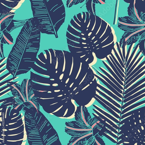  Tropical Palm seamless leaf blue pattern