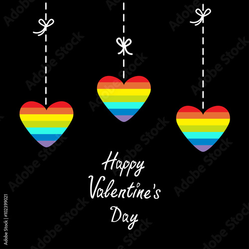 Hanging rainbow heart set.  Dash line with bows. Happy Valentines Day. Love card.  Flat design. photo