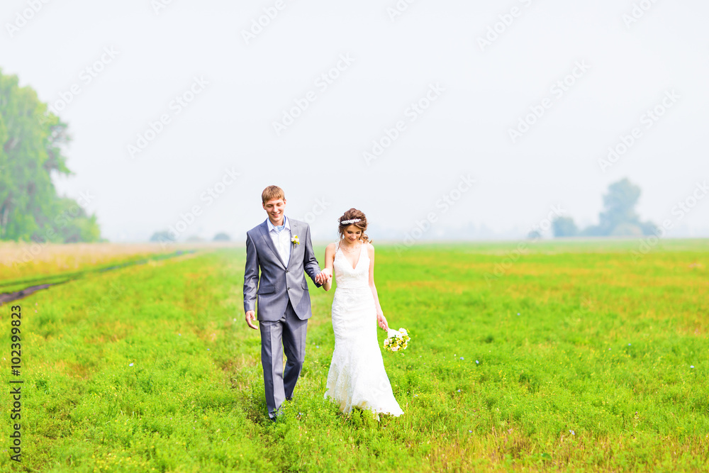 A young couple in love bride and groom, wedding day in summer. Enjoy a moment of happiness and love in a field. Bride in a luxurious wedding dress on a background bright blue sky with clouds. A young couple in love bride and groom, wedding day in summer. Enjoy a moment of happiness and love in a field. Bride in a luxurious wedding dress on a background bright blue sky with clouds.
