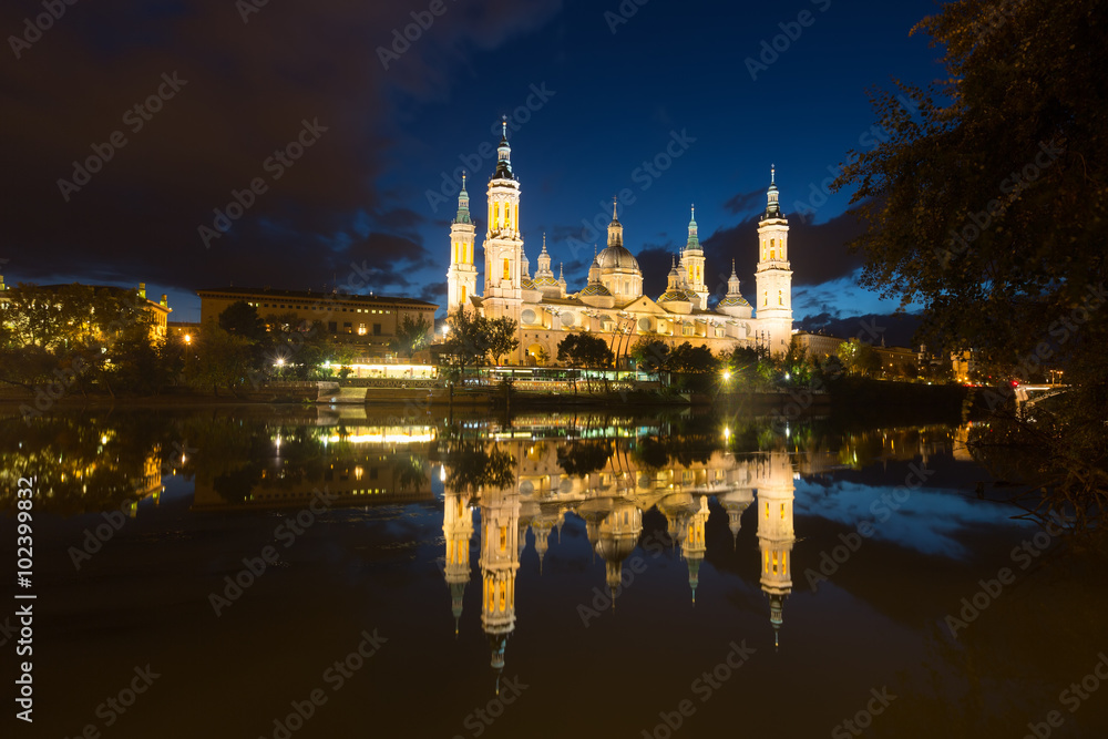 Cathedral of Our Lady of the Pillar   in evening. Zaragoza