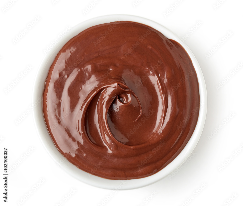 Chocolate cream in round dish isolated on white background