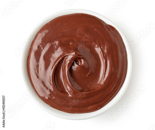 Chocolate cream in round dish isolated on white background