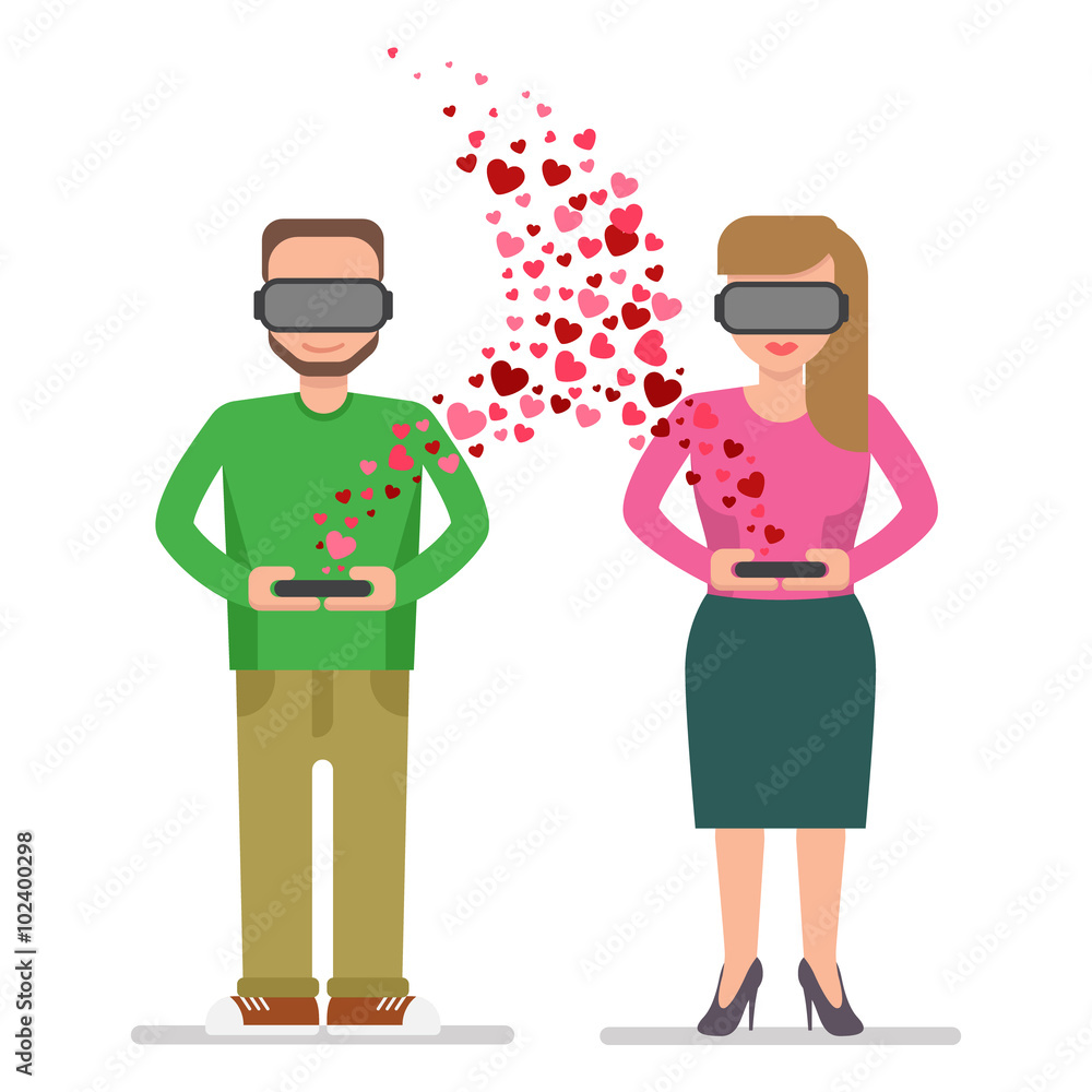 Virtual love between a man and a woman who standing in a virtual reality glasses and holding remote controls in their hands. Modern technology relationship concept.
