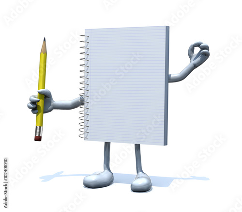 blank spiral notepad with arms, legs and a pencil on hand