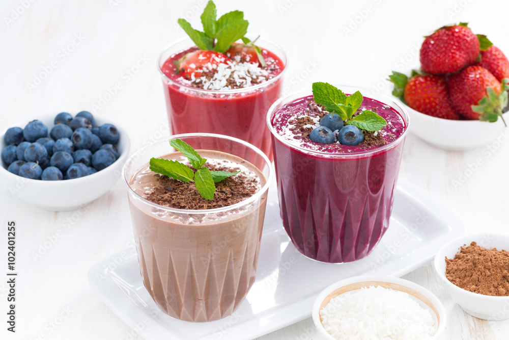 Assorted milkshakes - strawberry, blueberry and chocolate Assorted milkshakes - strawberry, blueberry and chocolate