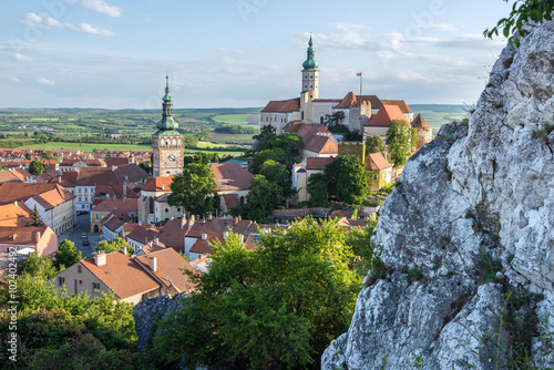 Aerial view on Mikulov town in Czech Republic with Castle and bell tower of Saint Wenceslas Church photo