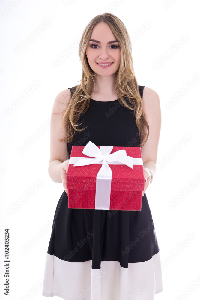 portrait of beautiful young woman in black dress with gift box i portrait of beautiful young woman in black dress with gift box i