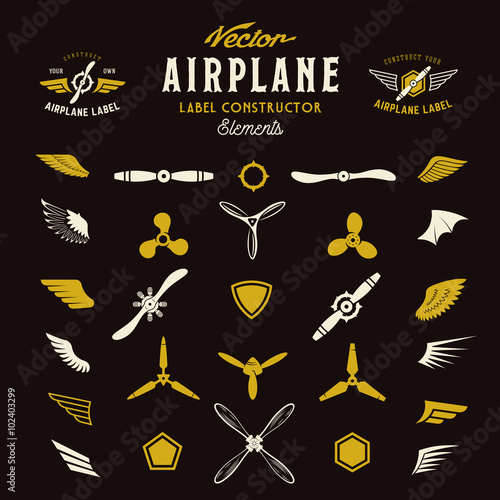 Abstract Vector Airplane Labels or Logos Construction Elements. On Dark Background
