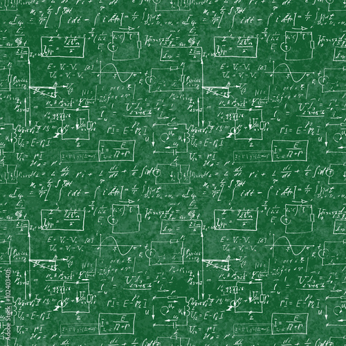 Seamless pattern of mathematical operation and equation, endless arithmetic pattern on seamless green chalk boards. Handwritten calculations. Geometry, math, physics, electronic engineering subjects.