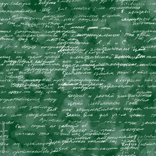Seamless pattern of mathematical operation and equation, endless arithmetic pattern on seamless green chalk boards. Handwritten calculations. Geometry, math, physics, electronic engineering subjects.