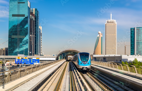 Metro train on the Red line in Dubai