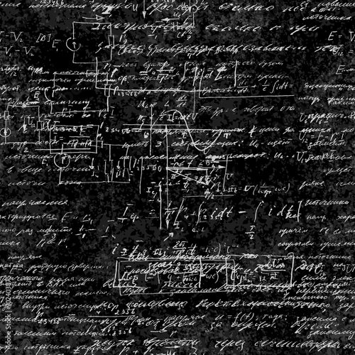 Seamless pattern of mathematical operations and elementary functions, endless arithmetic on seamless chalk boards. Handwritten solutions. Geometry, math, physics, electronic engineering subjects.