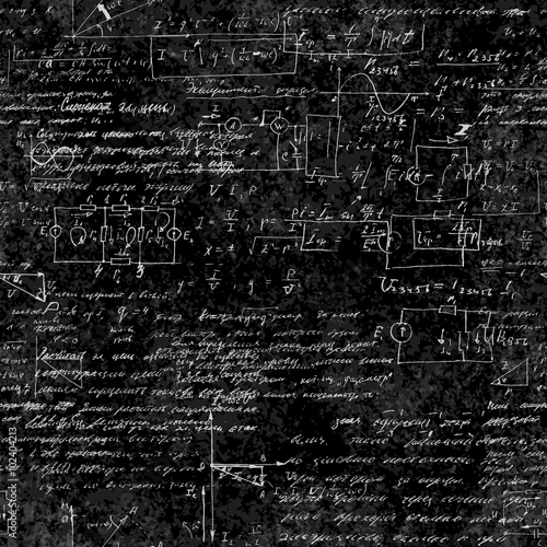 Seamless pattern of mathematical operations and elementary functions, endless arithmetic on seamless chalk boards. Handwritten solutions. Geometry, math, physics, electronic engineering subjects.