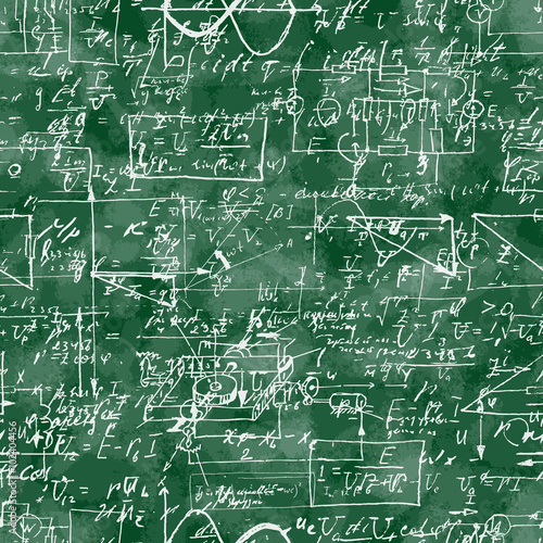 Seamless pattern of mathematical operation and equation, endless arithmetic pattern on seamless green chalk boards. Handwritten calculations. Geometry, math, physics, electronic engineering subjects.