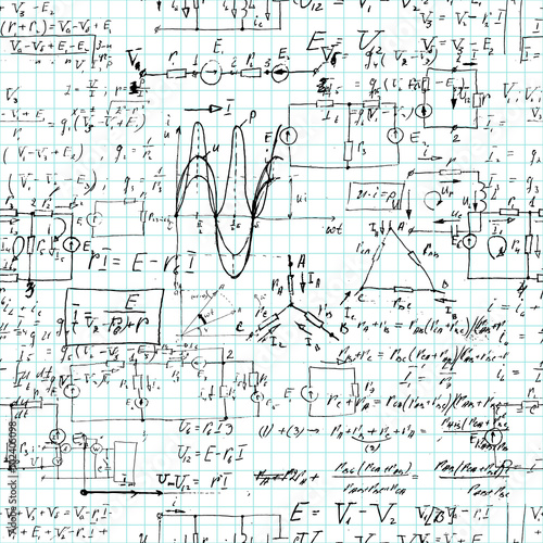 Seamless pattern, mathematical operations and elementary functions, endless arithmetic on copybook grid paper. Real handwritten solutions. Geometry, math, physics, electronic engineering. Lectures.