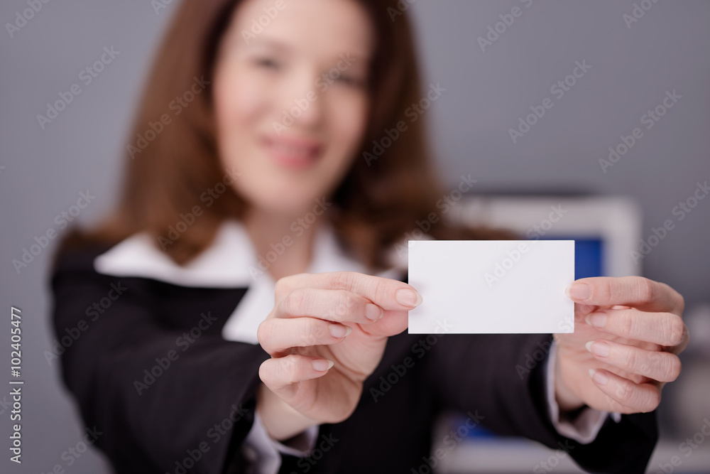 Business woman show white blank card. Business woman show white blank card.