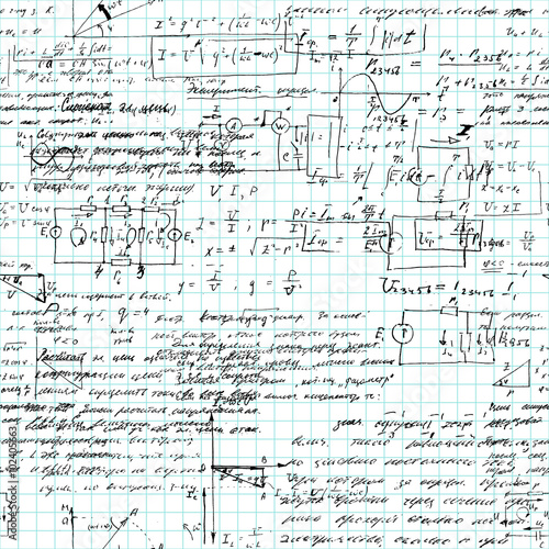 Seamless pattern of mathematical operation and equation, endless arithmetic pattern on endless copybook paper sheet. Handwritten lesson. Geometry, math, physics, electronic engineering subjects.