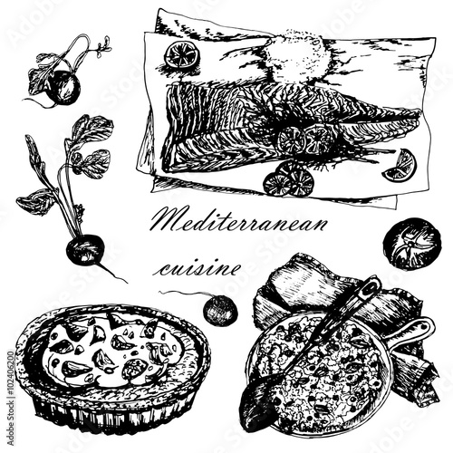 set collection of Mediterranean dishes: paella, pizza and fish sketch hand-drawn vector illustration