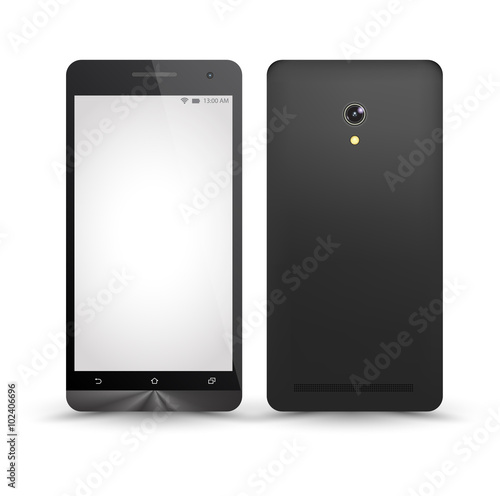 New realistic smartphones mockups front and back with blank screen isolated. Vector illustration. for printing and web element, Game and application mockup.