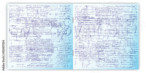 Set of vector seamless pattern with real hand written text on copybook grid paper. Two pages of lectures archives, science, geometry, math, physics, electronic engineering . Open exercise book.