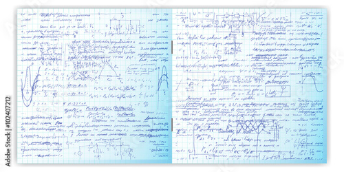 Handwriting text. Calligraphy text on a grid copybook paper. Open exercise book. Archives, science, geometry, math, physics, electronic engineering subjects. Natural writing style.