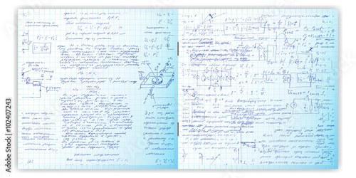 Handwriting written text. Calligraphy text on a grid copybook paper. Open exercise book. Archives, science, geometry, math, physics, electronic engineering subjects. Natural writing style.