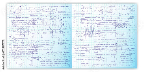 Pattern, handwriting text. Calligraphy text on a grid copybook paper. Open exercise book. Archives, science, geometry, math, physics, electronic engineering subjects. Natural writing style.