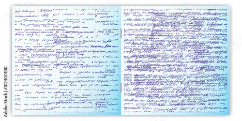 Handwriting text. Calligraphy text on a grid copybook paper. Open exercise book. Archives, science, geometry, math, physics, electronic engineering subjects. Natural writing style.