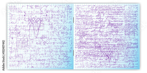 Hand written handwriting text. Calligraphy text on a grid copybook paper. Open exercise book. Archives, science, geometry, math, physics, electronic engineering subjects. Natural writing style.