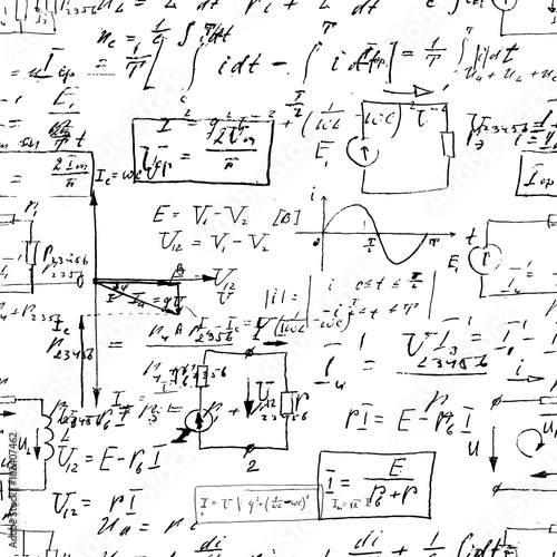 Seamless endless pattern background with handwritten mathematical formulas, math relationship or rules expressed in symbols, various operations such as addition, subtraction, multiplication, division.