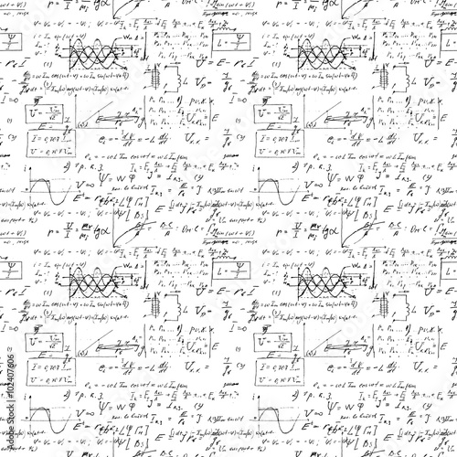 Seamless endless pattern background with handwritten mathematical formulas, math relationship or rules expressed in symbols, various operations such as addition, subtraction, multiplication, division.