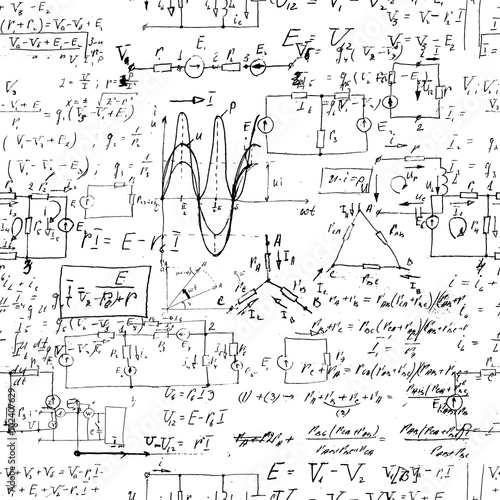 Seamless endless pattern background with handwritten mathematical formulas, math relationship or rules expressed in symbols, various operations such as addition, subtraction, multiplication, division