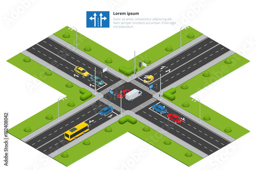 Crossroads and road markings isometric vector illustration for infographics. Transport car, urban and asphalt, traffic. Crossing Roads.