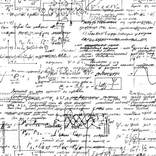 Seamless endless pattern background with handwritten mathematical formulas.