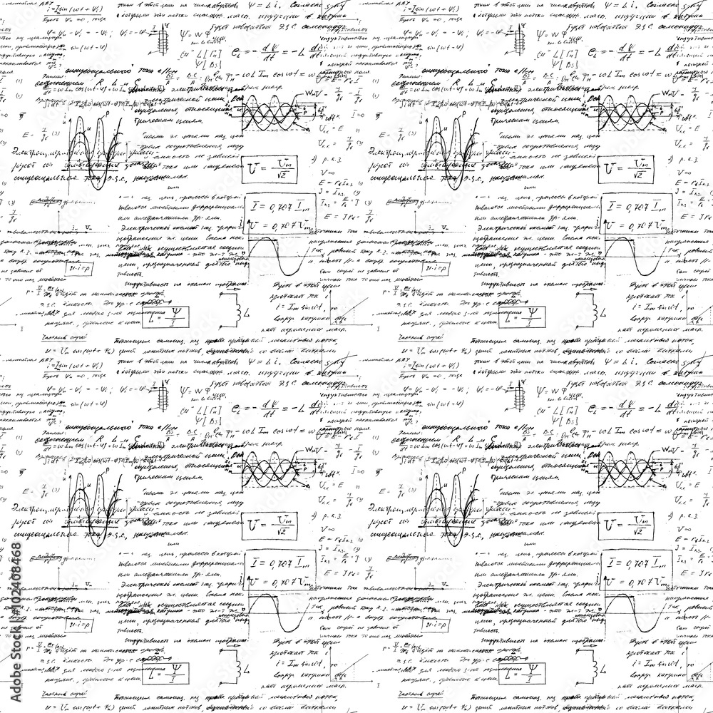 Math seamless pattern with handwriting of various operations and step by step solutions. Geometry, math, physics, electronic engineering subjects. Lectures. Endless natural hand writing on white.