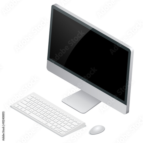 Desktop computer with wireless keyboard and mouse. Flat 3d Vector isometric illustration.