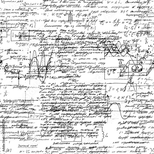 Seamless pattern with real hand written text on white paper. Lectures archives on different science, geometry, math, physics, electronic engineering subjects. Natural hand writing style.