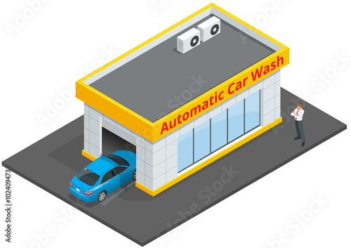 Car wash full automatic 24h service facilities with touchless equipment. Automatic Car Wash. Flat 3d vector isometric illustration. Business concept of car wash, best clean, non stop, auto service