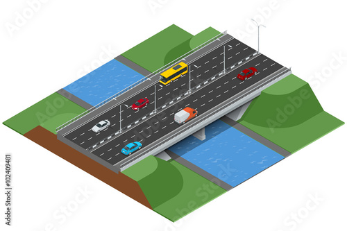 Isometric bridge over the river. Commercial transport. Various types of load and cargo. Logistics. Flat 3d Vector isometric illustration of bridge