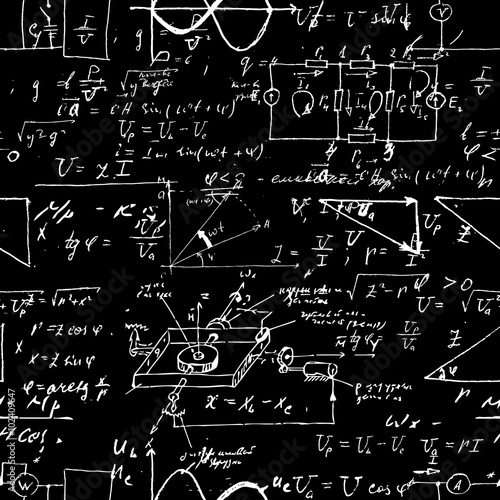 Seamless pattern, mathematical operations and elementary functions, endless arithmetic black background. Real handwritten solutions. Geometry, math, physics, electronic engineering subjects. Lectures.