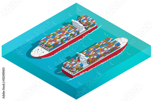 Container ship, Tanker or Cargo ship with containers icon. Flat 3d isometric high quality transport. Vehicles designed to carry large numbers of cargo
