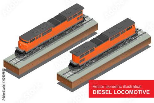 Vector isometric illustration of  Diesel Locomotivel. Train Locomotive Transportation Railway Transport vector flat 3d  isometric illustration
