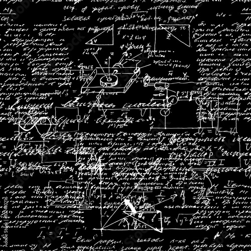 Seamless pattern, mathematical operations and elementary functions, endless arithmetic black background. Real handwritten solutions. Geometry, math, physics, electronic engineering subjects. Lectures.