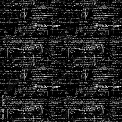 Seamless pattern, mathematical operations and elementary functions, endless arithmetic black background. Real handwritten solutions. Geometry, math, physics, electronic engineering subjects. Lectures.