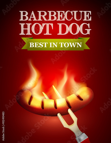 Burning hot dog on a fork ,red background with a logo. Vector illustration.