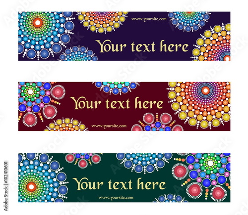 A set fancy designs with circular multicolored dotted ornament graphic elements for banner, header, website, print.