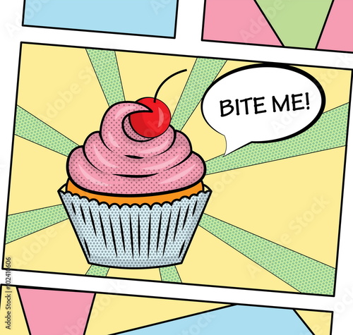 Pop art style sweet delicious cupcake illustration with icing, cream and cherry. For poster, web, print.