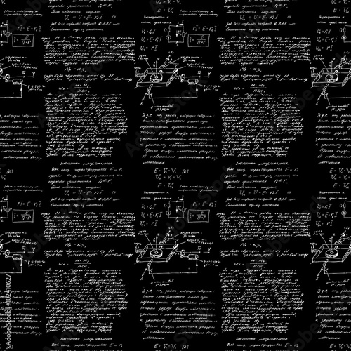 Seamless pattern, mathematical operations and elementary functions, endless arithmetic black background. Real handwritten solutions. Geometry, math, physics, electronic engineering subjects. Lectures.