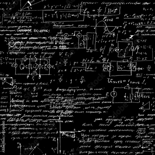 Seamless pattern of geometry, math, physics, electronic engineering subjects. Mathematics equation and calculations, endless hand writing. Black Background. 